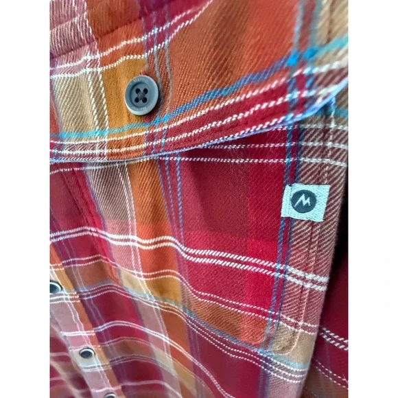 Marmot Mens Plaid Long Sleeve Button Up Shirt Red Orange Blue Size M/M - Picture 6 of 10